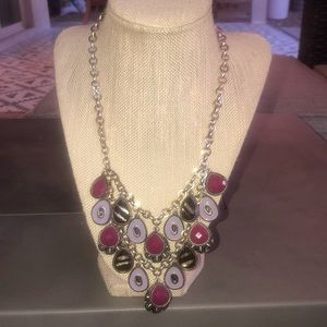 Retired Premier Designs reversible silver necklace with pink, purple, zebra gems
